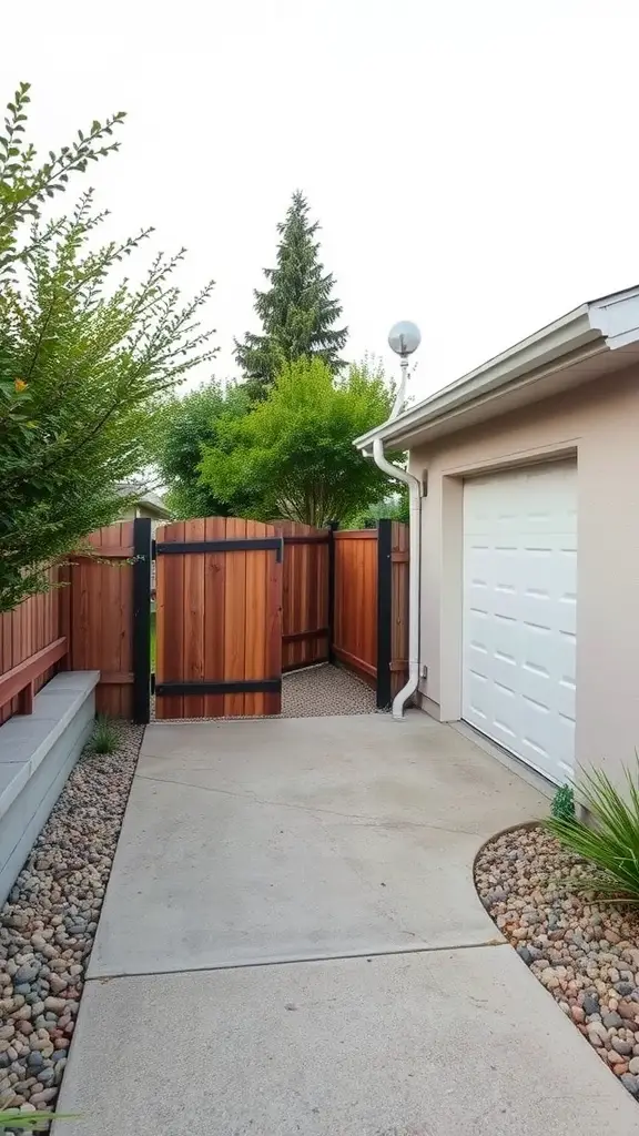 19 Creative Driveway Ideas to Enhance Your Curb Appeal 19 A concrete side access driveway leading to a wooden gate, surrounded by plants and decorative stones.