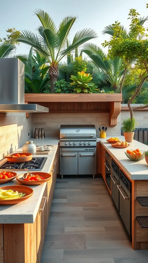35 Creative Backyard Kitchen Ideas for Outdoor Cooking Enthusiasts 28 A modern outdoor kitchen featuring spacious counters, a grill, and fresh ingredients surrounded by greenery.