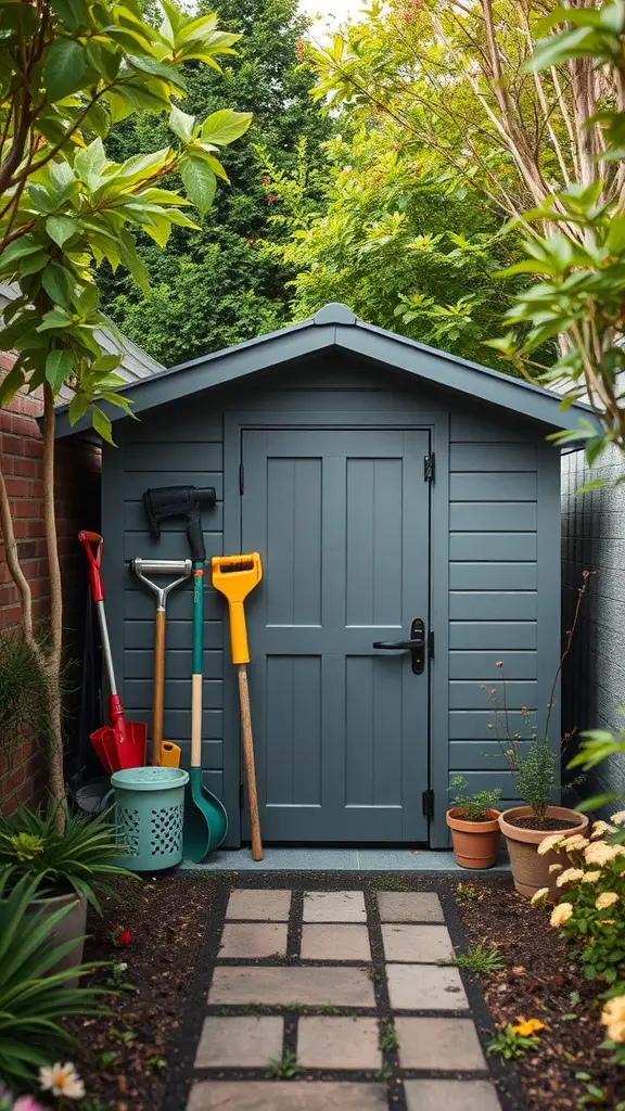 A stylish gray shed surrounded by garden tools and plants in a narrow side yard