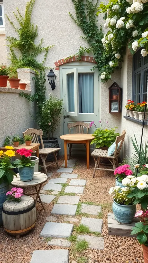 23 Stunning Cottage Garden Design Ideas for a Charming Outdoor Space 11 Cozy garden space with wooden furniture and colorful flowers