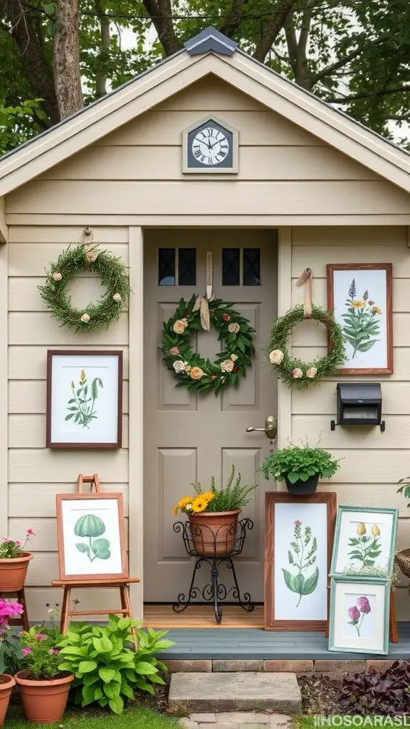 27 Stunning Garden Shed Interiors to Inspire Your Outdoor Space 13 A charming garden shed entrance decorated with wreaths, botanical prints, and potted plants.