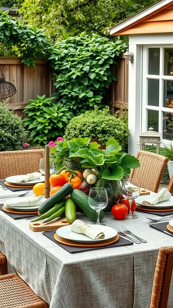 35 Creative Backyard Kitchen Ideas for Outdoor Cooking Enthusiasts 9 A beautifully set outdoor dining table with fresh vegetables and fruits, promoting a garden-to-table dining experience.