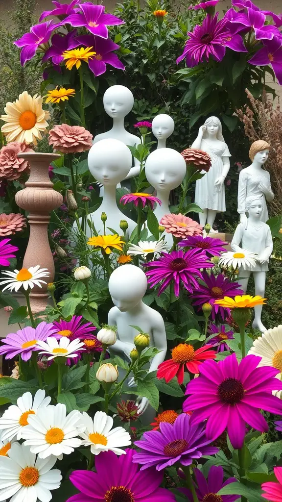 33 Creative Backyard Garden Ideas You Need to Try 23 A colorful garden featuring various sculptures amidst vibrant flowers