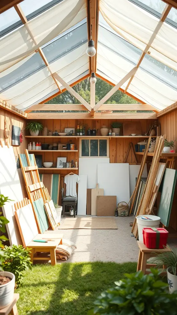 27 Stunning Garden Shed Interiors to Inspire Your Outdoor Space 26 Interior of a garden shed serving as an art studio, featuring wooden walls, various canvases, and plants.
