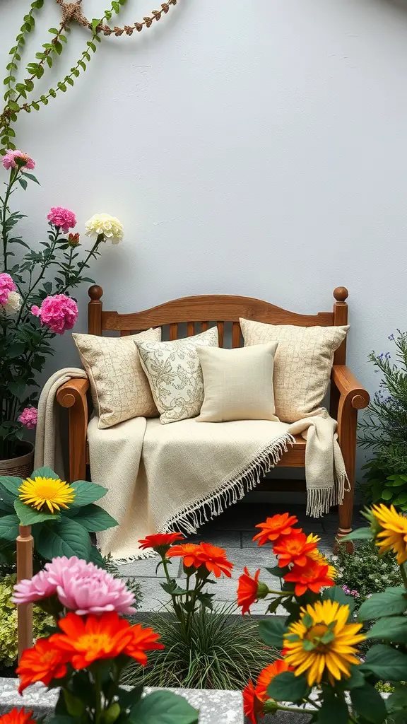 27 Creative Corner Landscaping Ideas for Your Garden 25 A wooden garden bench with pillows, surrounded by colorful flowers.