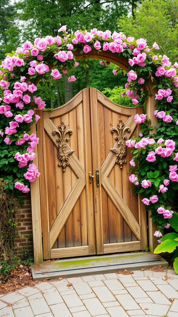 27 Creative DIY Garden Trellis Ideas for Your Outdoor Space 12 A wooden garden gate with pink roses climbing around it.