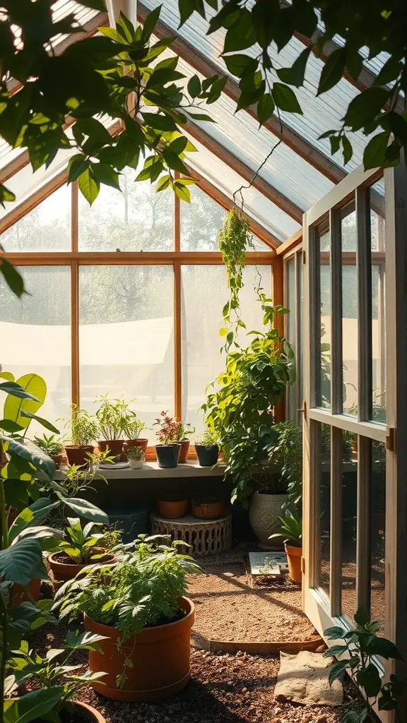 37 Creative Backyard Shed Ideas for Every Style 17 Interior of a garden greenhouse shed with various plants and sunlight filtering through the glass.