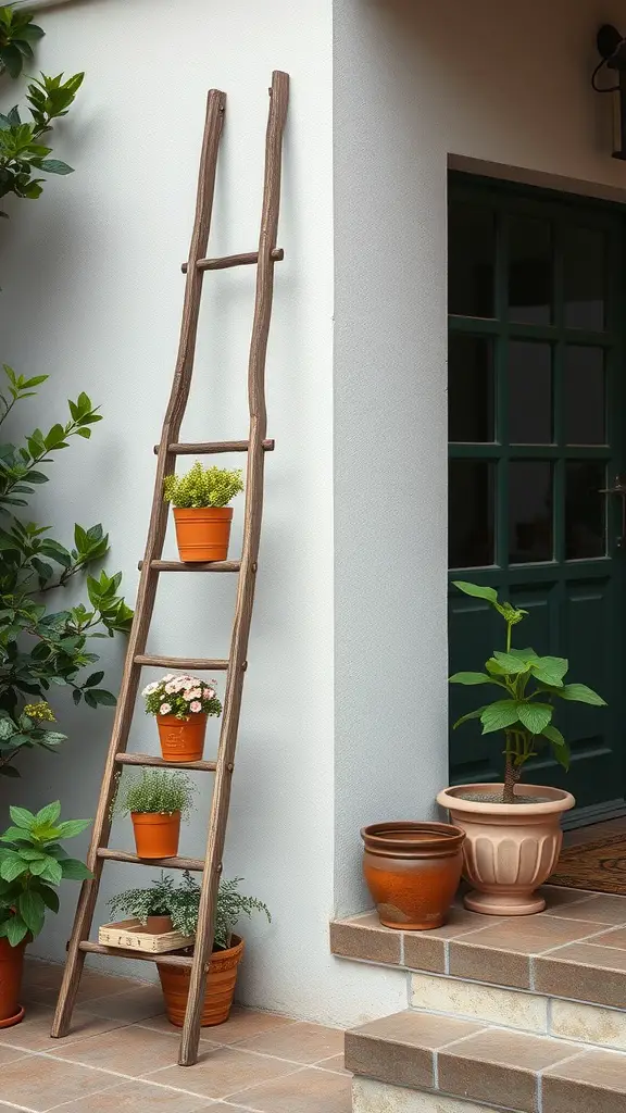 A wooden ladder display with potted plants in a patio setting.