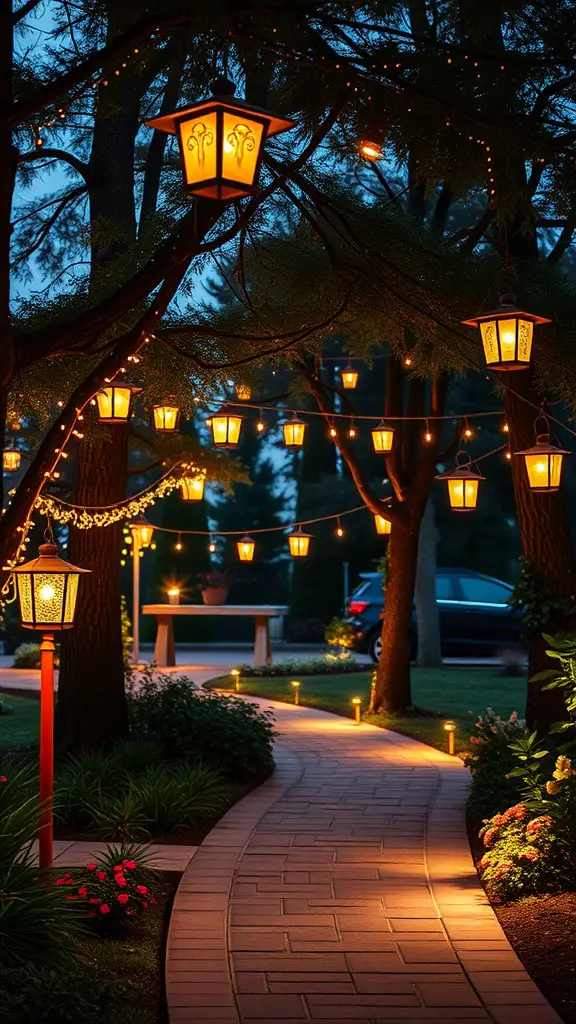 A beautifully lit garden path with lanterns and string lights in trees.