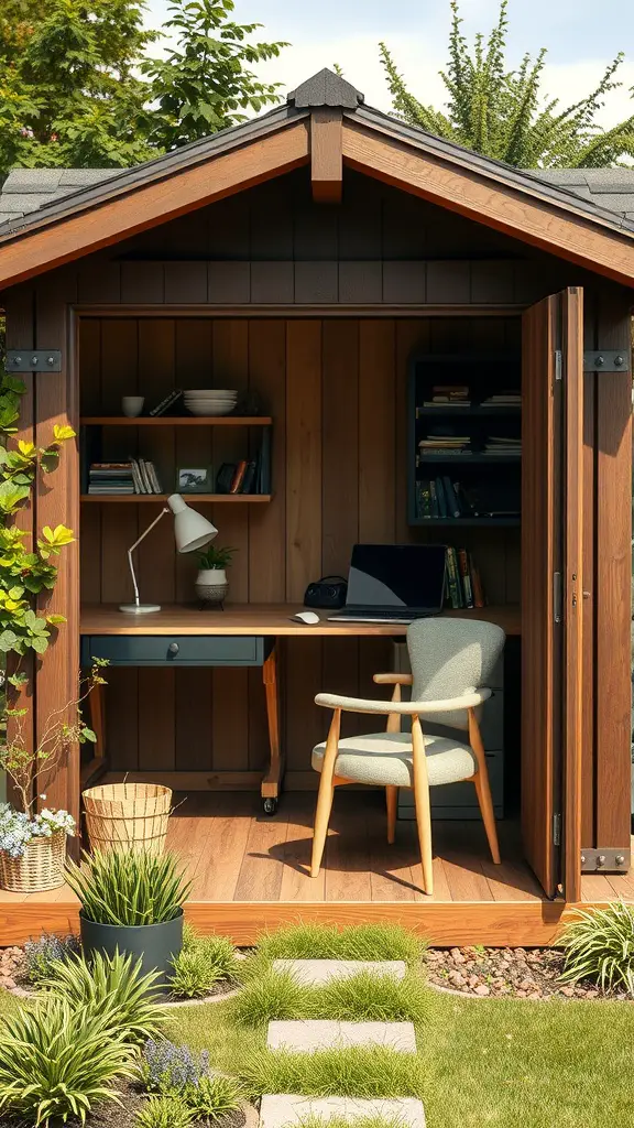 25 Creative Garden Shed Ideas for Your Outdoor Space 6 A cozy garden office shed with a desk and chair, surrounded by greenery.