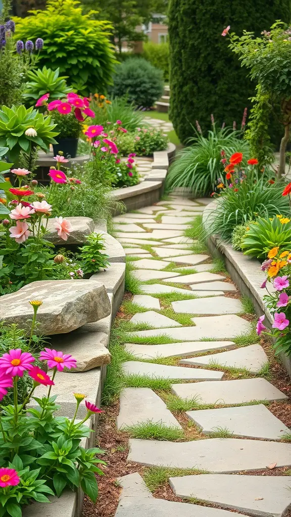 A winding stone pathway surrounded by colorful flowers and lush greenery