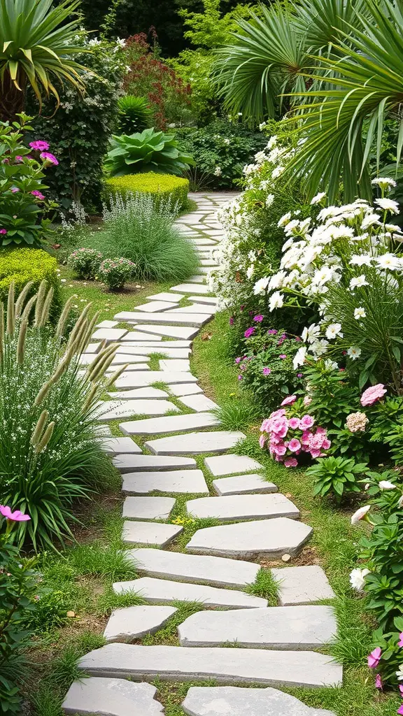 33 Creative Backyard Garden Ideas You Need to Try 4 A winding stone pathway through a colorful garden filled with flowers and greenery.