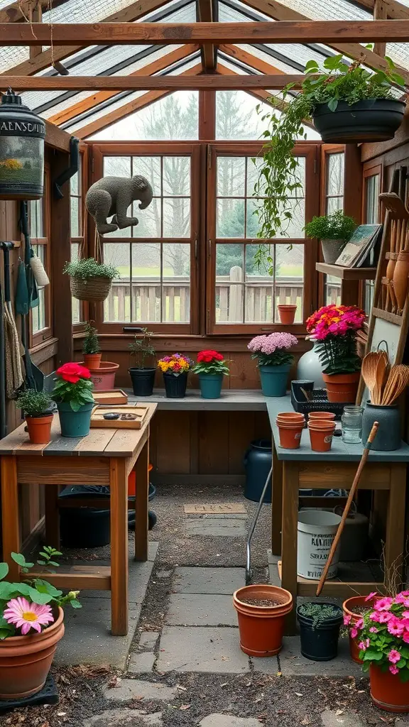 29 Creative Garden Shed Ideas for Every Backyard 17 Cozy garden potting shed filled with colorful flower pots, work tables, and hanging plants.