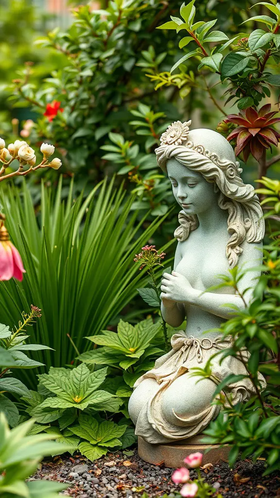27 Absolutely Stunning Secret Garden Ideas to Inspire Your Space 16 A serene garden statue of a kneeling figure surrounded by lush greenery and colorful flowers.