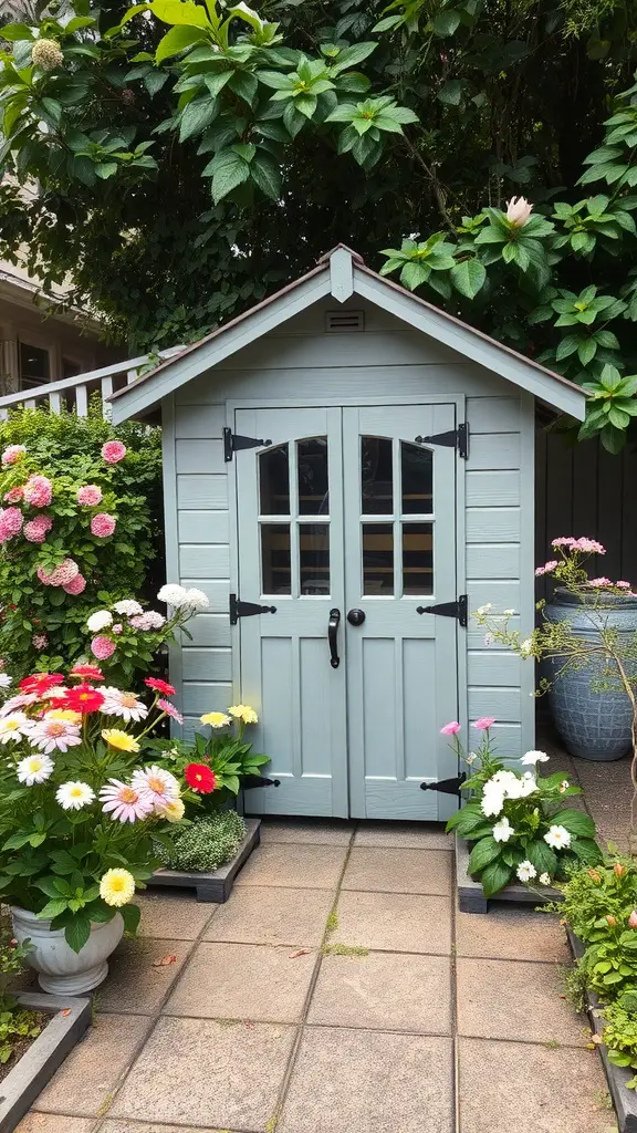 33 Creative Backyard Garden Ideas You Need to Try 20 A charming garden shed surrounded by colorful flowers and greenery.