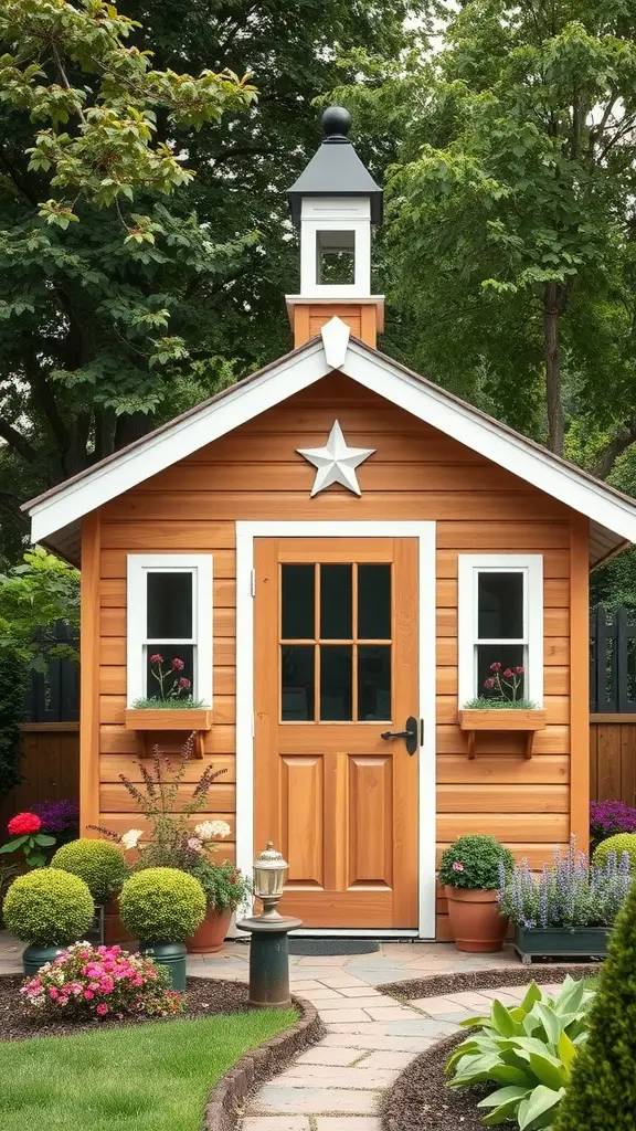 25 Creative Garden Shed Ideas for Your Outdoor Space 20 A charming garden shed featuring a cupola, surrounded by colorful flower pots and a well-maintained garden.