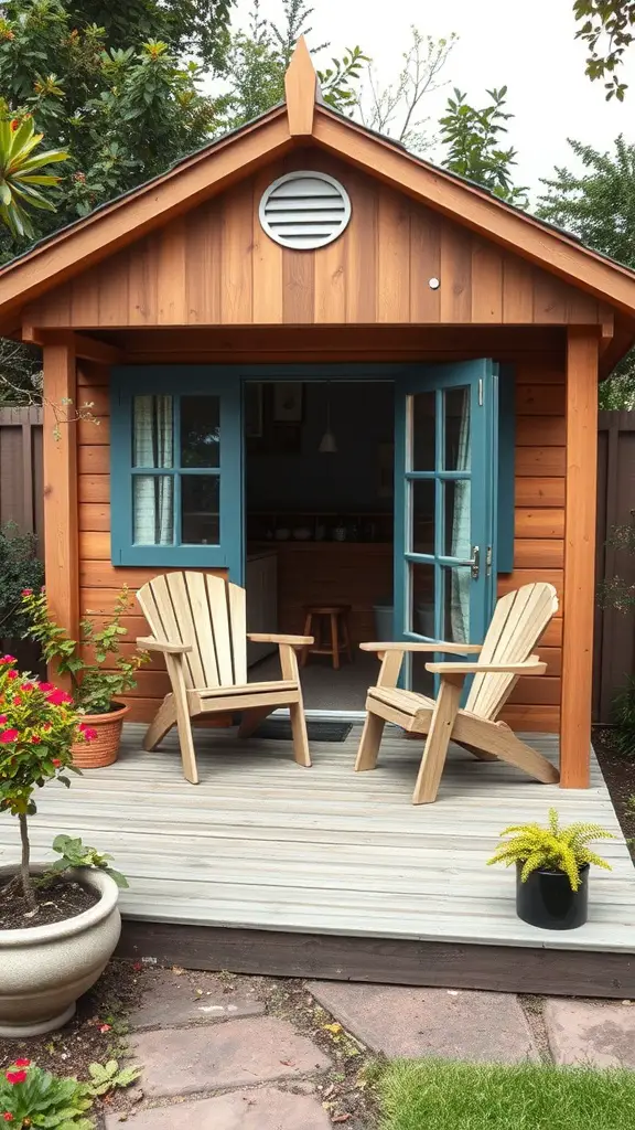 29 Creative Garden Shed Ideas for Every Backyard 16 A charming garden shed with a wooden deck, surrounded by plants, featuring blue window frames and Adirondack chairs.