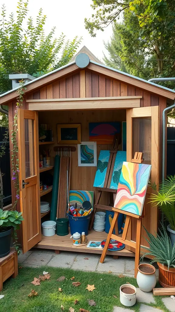25 Creative Garden Shed Ideas for Your Outdoor Space 23 A garden studio shed with art supplies and paintings displayed
