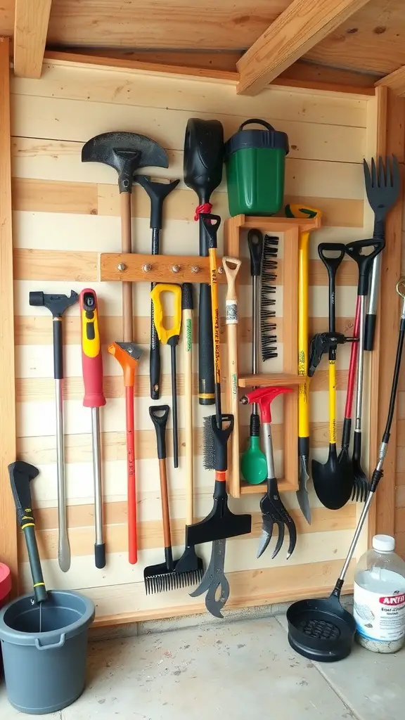 27 Stunning Garden Shed Interiors to Inspire Your Outdoor Space 10 A neatly organized garden shed interior with tools hanging on the wall.