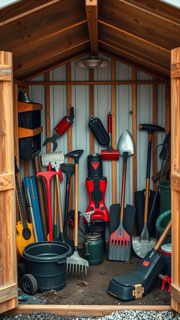 37 Creative Backyard Shed Ideas for Every Style 6 A garden tool storage shed filled with various gardening tools and equipment.