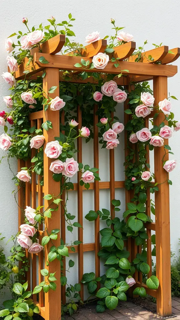 33 Creative Backyard Garden Ideas You Need to Try 13 A wooden trellis covered with pink roses in a garden setting.