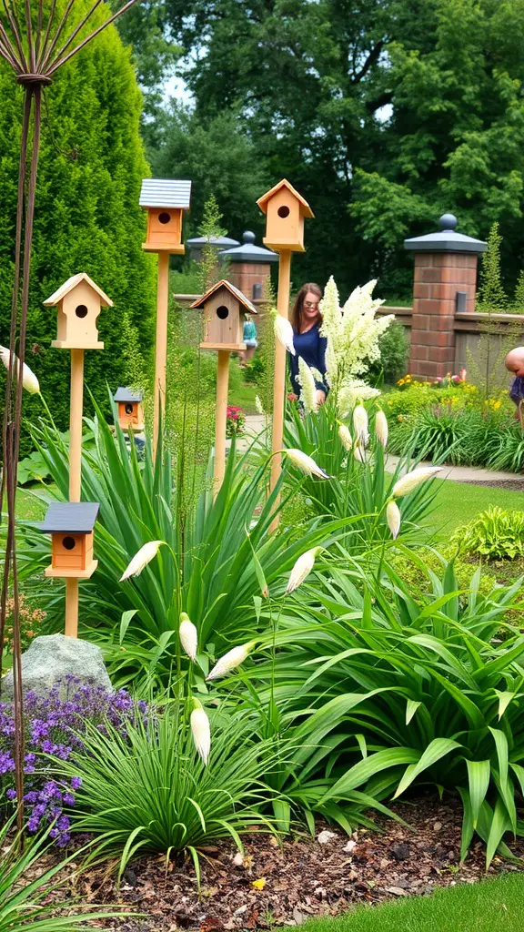 27 Absolutely Stunning Secret Garden Ideas to Inspire Your Space 25 A garden with birdhouses and lush green plants, showcasing a wildlife sanctuary