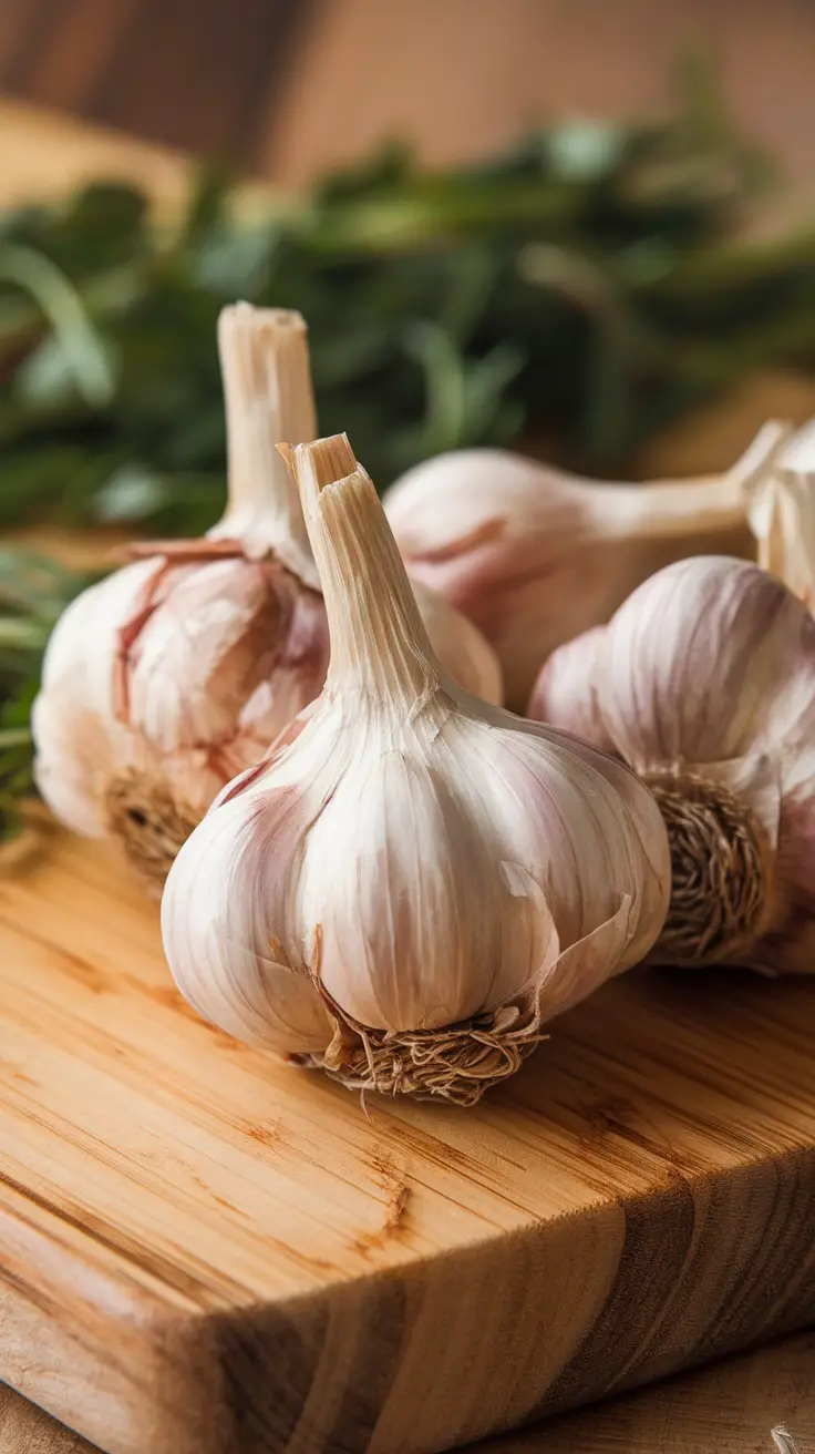 15 Effective Plants That Naturally Repel Mosquitoes 17 Fresh garlic bulbs on a wooden cutting board, surrounded by greenery.