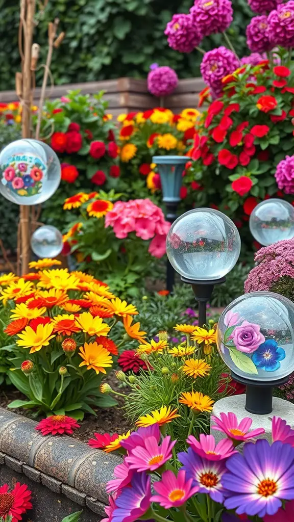 Colorful flowers with glass gazing balls in a garden setting