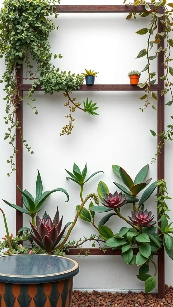 27 Creative DIY Garden Trellis Ideas for Your Outdoor Space 24 A geometric wooden trellis covered with various succulents, featuring shelves for small potted plants.