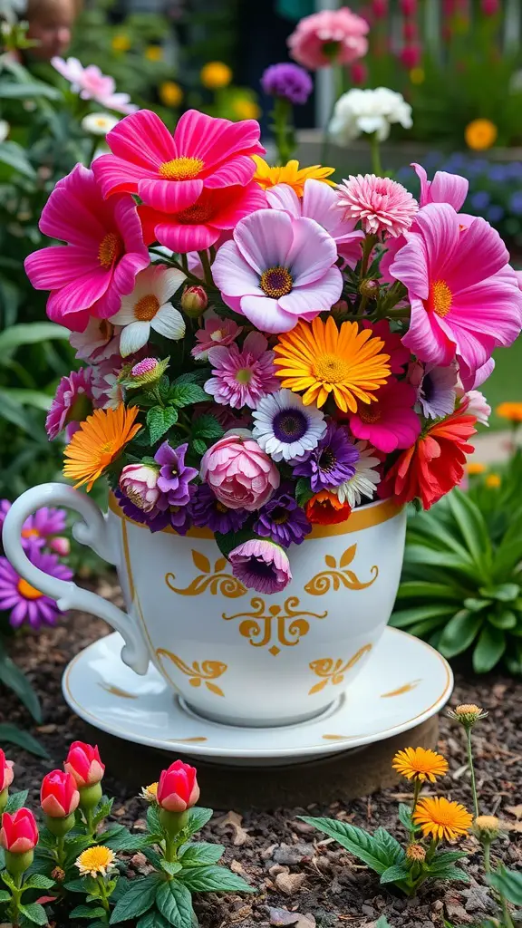 A colorful giant teacup planter filled with flowers in a garden setting.