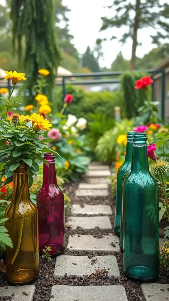 Colorful glass bottles used as flower planters in a garden path surrounded by vibrant blooms.