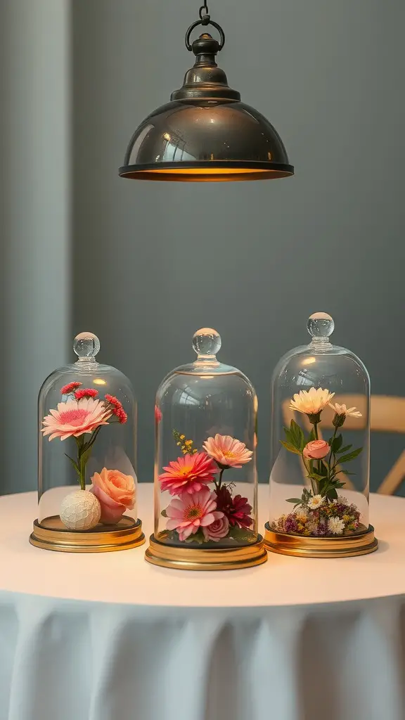 Three glass cloches with floral arrangements on a table