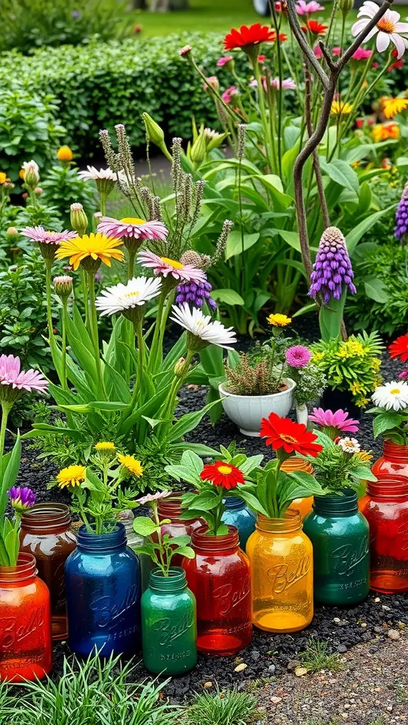 Colorful glass jars filled with flowers arranged in a flowerbed.