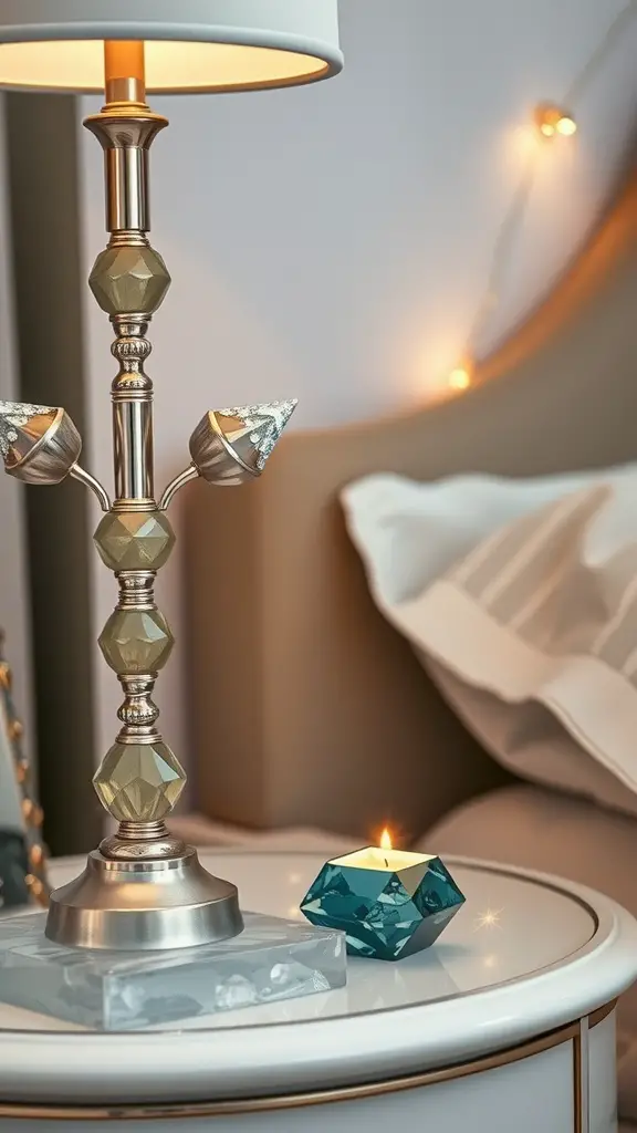 A stylish bedside table featuring a lamp with gemstone accents and a decorative candle.