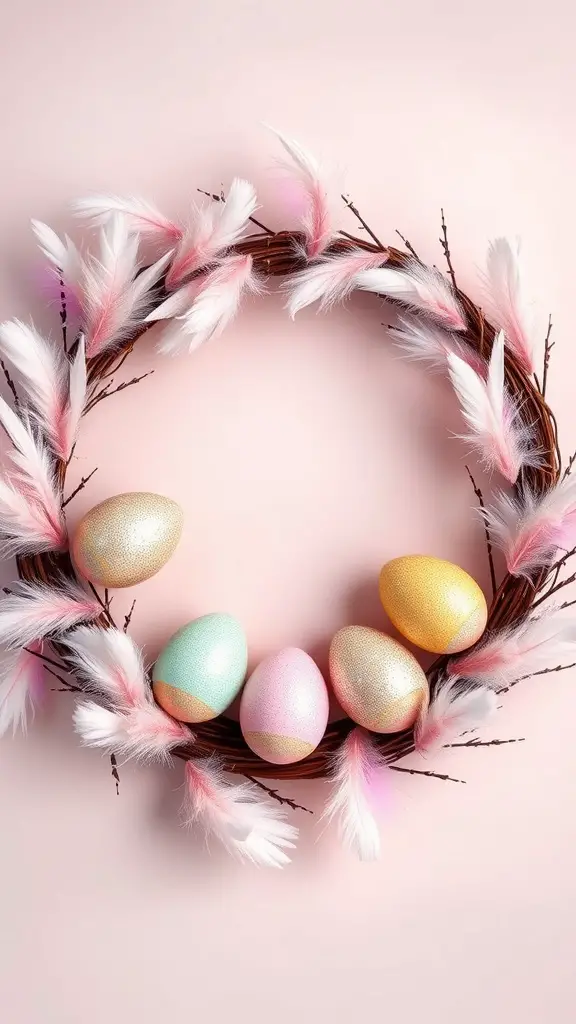 A colorful wreath made of glittered eggs and feathers designed for Easter decoration.