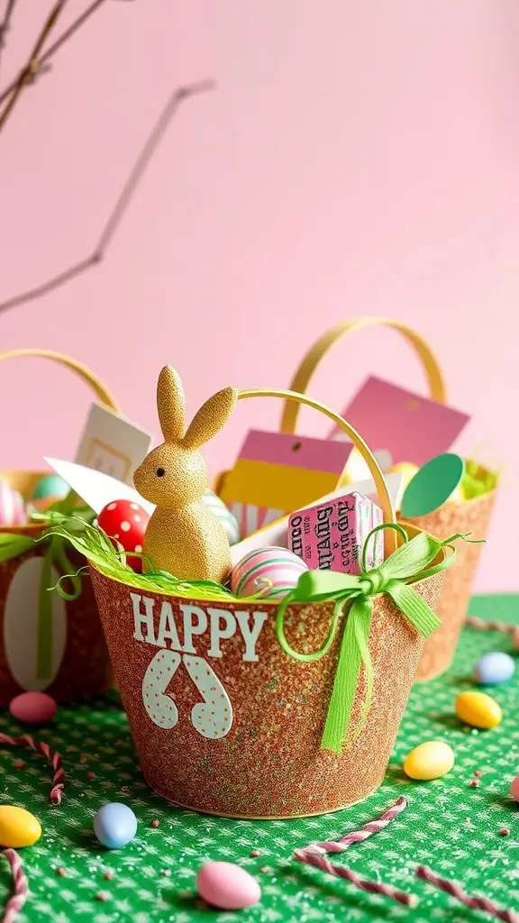 Colorful glittery foam sheet Easter baskets filled with treats and decorations.