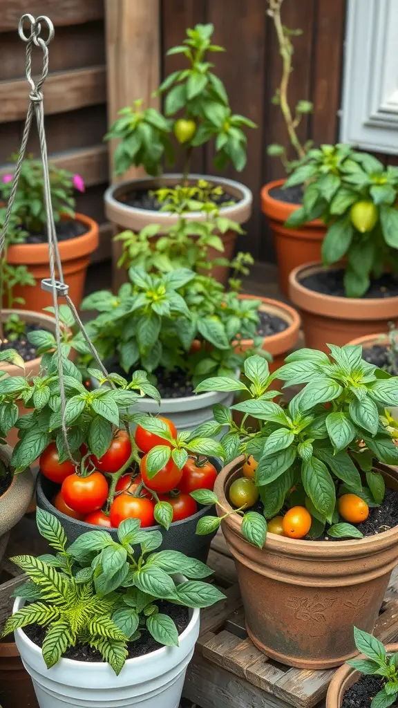 A vibrant container garden featuring tomatoes, peppers, and leafy plants.