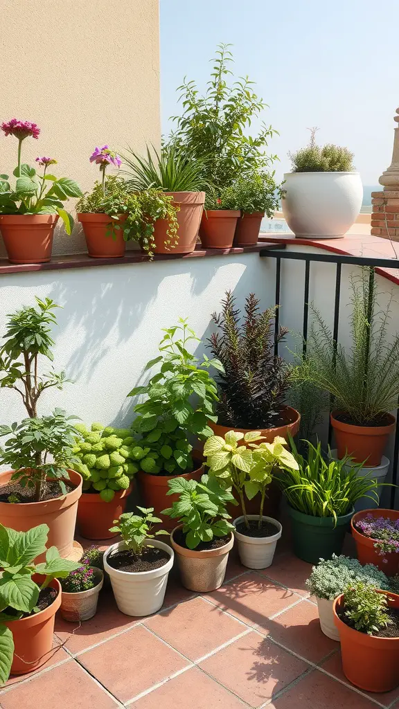 25 Stunning Outdoor Terrace Ideas to Transform Your Space 27 A cozy terrace corner filled with various potted herbs and plants, creating a vibrant garden atmosphere.