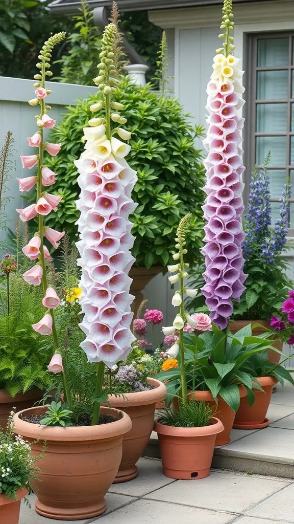 27 Stunning Potted Flowers Perfect for Your Patio 18 Three tall foxglove plants in pots with pink and white flowers, surrounded by various colorful flowers in a patio setting.