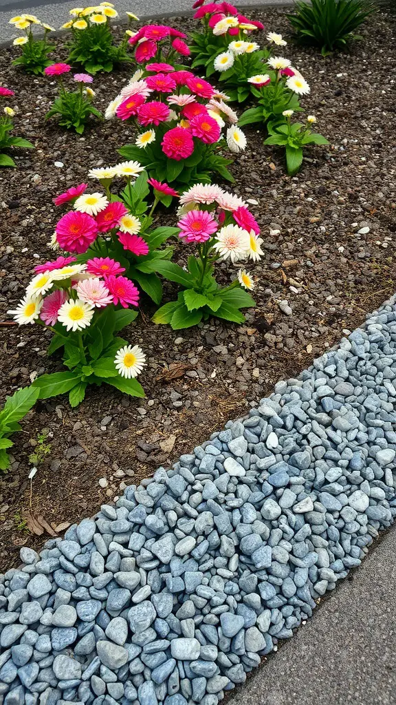 Granite chips edging a flowerbed filled with pink and white flowers.