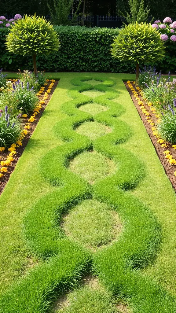 31 Creative Garden Walkway Ideas for Your Outdoor Space 13 A garden pathway with mowed grass patterns, surrounded by colorful flowers and bushes.