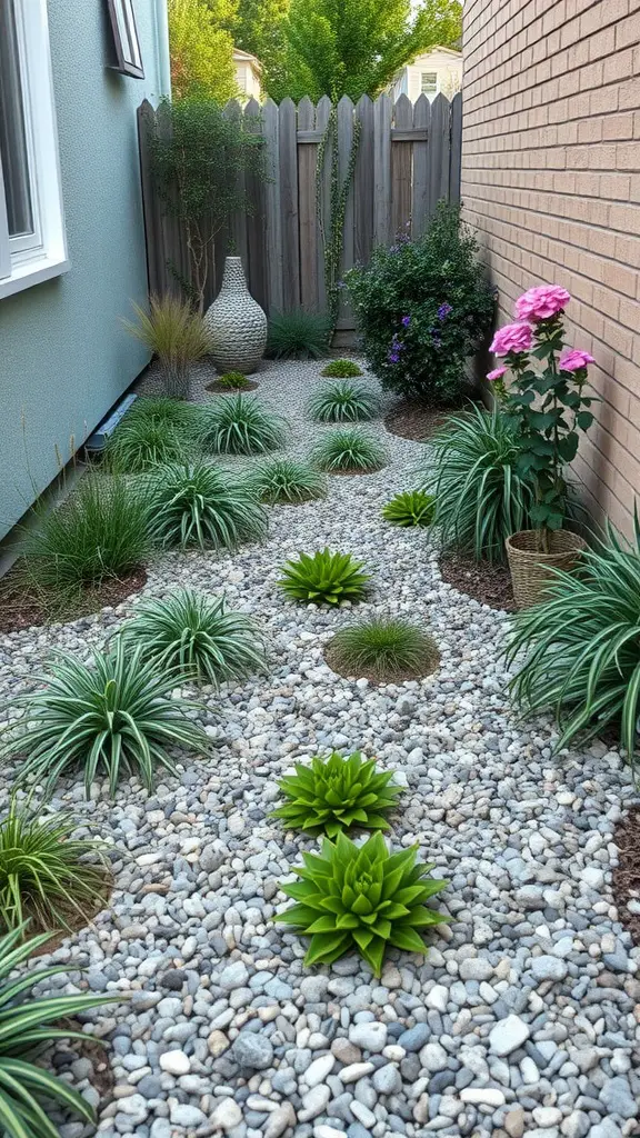 A narrow side yard featuring gravel beds with various plants and a decorative vase.