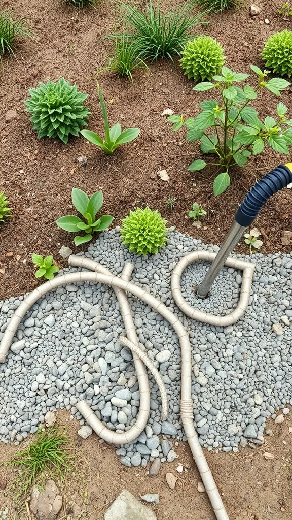 Gravel drainage bed installation showing gravel and drainage pipes in a garden area.