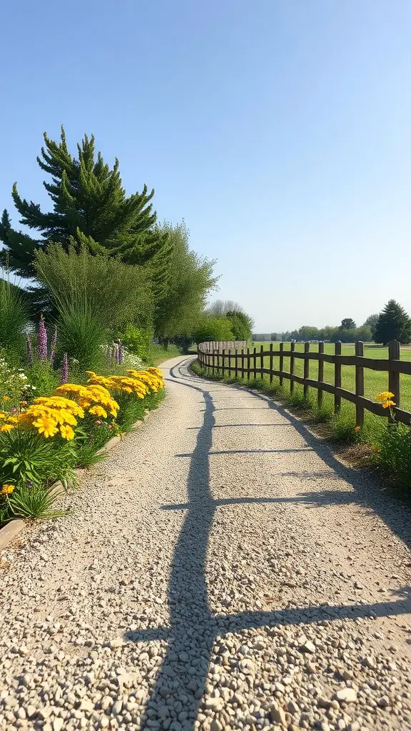19 Creative Driveway Ideas to Enhance Your Curb Appeal 9 A scenic gravel driveway with a winding path, surrounded by flowers and a wooden fence.