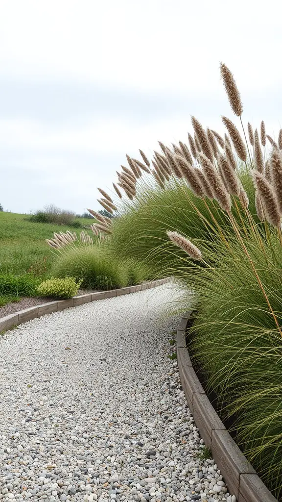 31 Creative Garden Walkway Ideas for Your Outdoor Space 10 A curved gravel pathway edged with wood, surrounded by tall grasses.