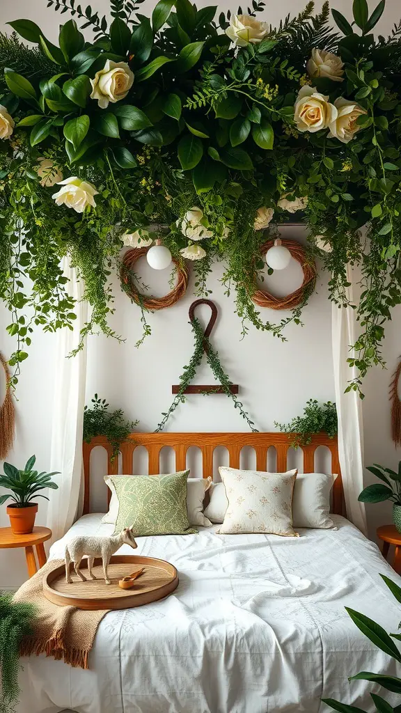 A bedroom featuring a green canopy bed adorned with plants and flowers.