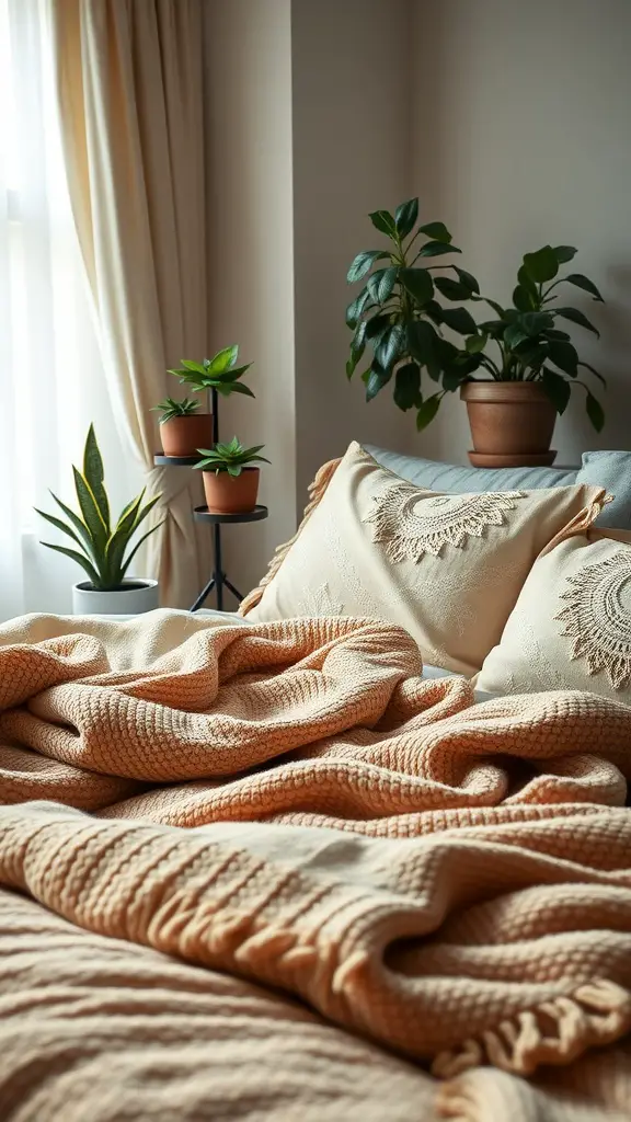 A cozy bedroom with soft textiles and potted plants