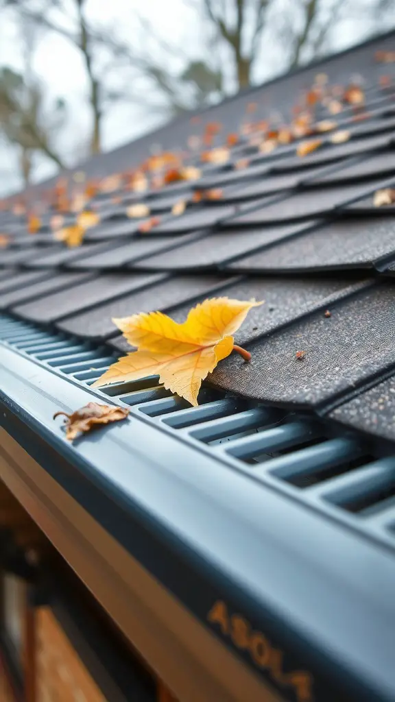 Close-up of a gutter with fallen leaves on a roof, illustrating the need for gutter guards