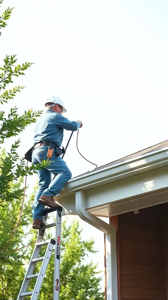 A person cleaning gutters on a ladder, ensuring proper drainage maintenance.