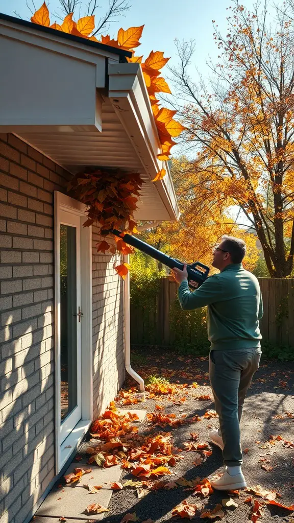 Person using a leaf blower to clear leaves from a gutter